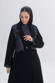 Black crepe abaya with denim accents and hood, stylish Denim Veil design