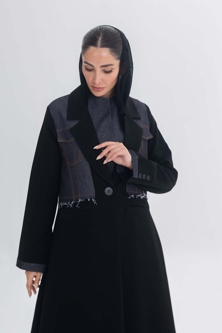 Black crepe abaya with denim accents and hood, stylish Denim Veil design