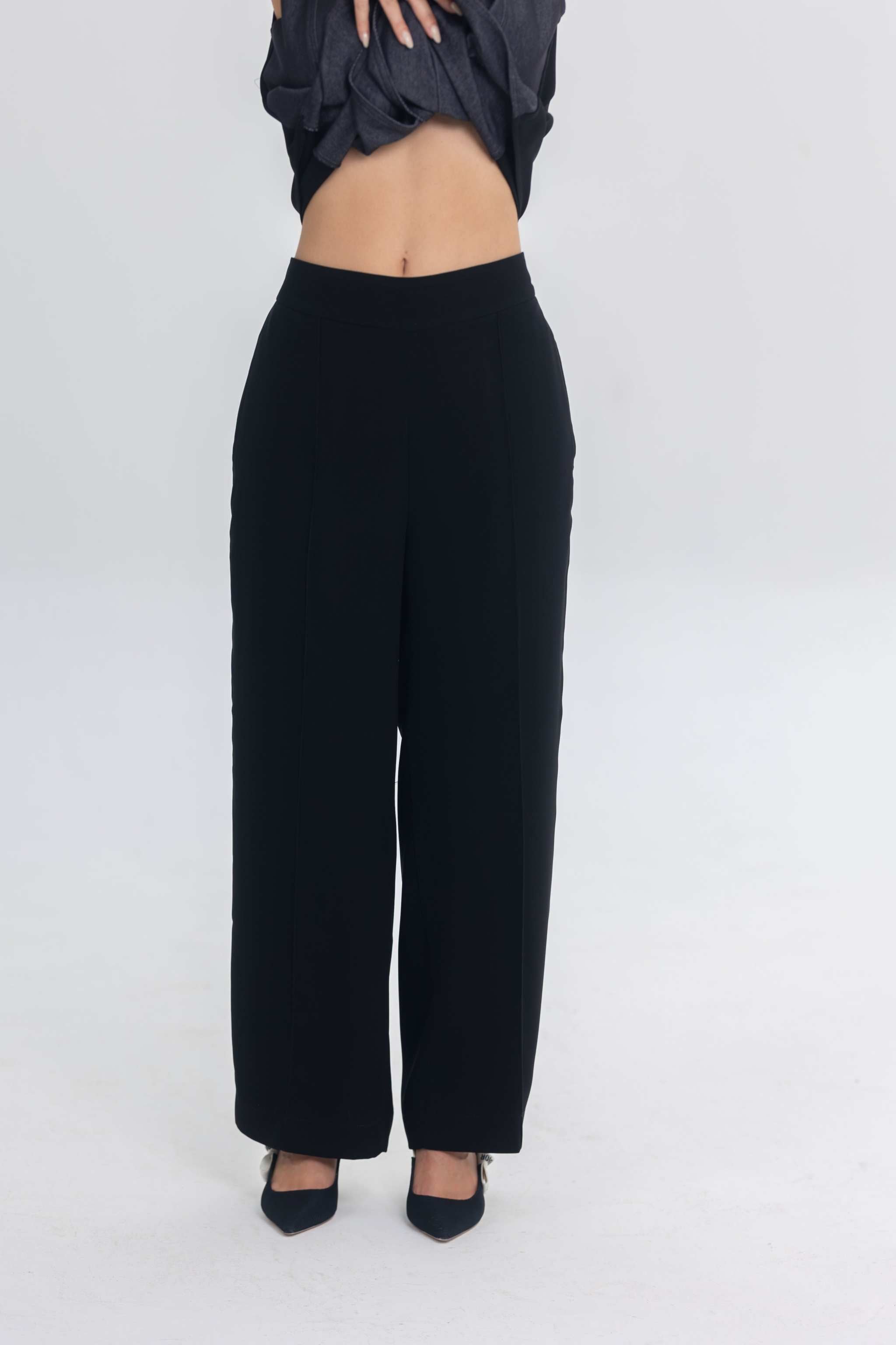True Bleu black crepe pants with sleek, comfortable fit for versatile styling