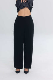 True Bleu black crepe pants with sleek, comfortable fit for versatile styling