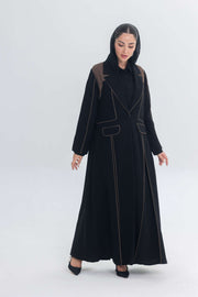 Black abaya with rich brown 3D detailing and refined Cocoa Shadow design