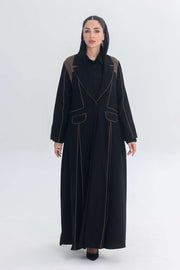 Black abaya with rich brown detailing creating a 3D effect, elegant Cocoa Shadow design