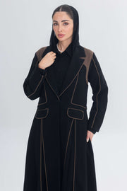 Black abaya with rich brown Cocoa Shadow 3D detailing and sophisticated tailored design