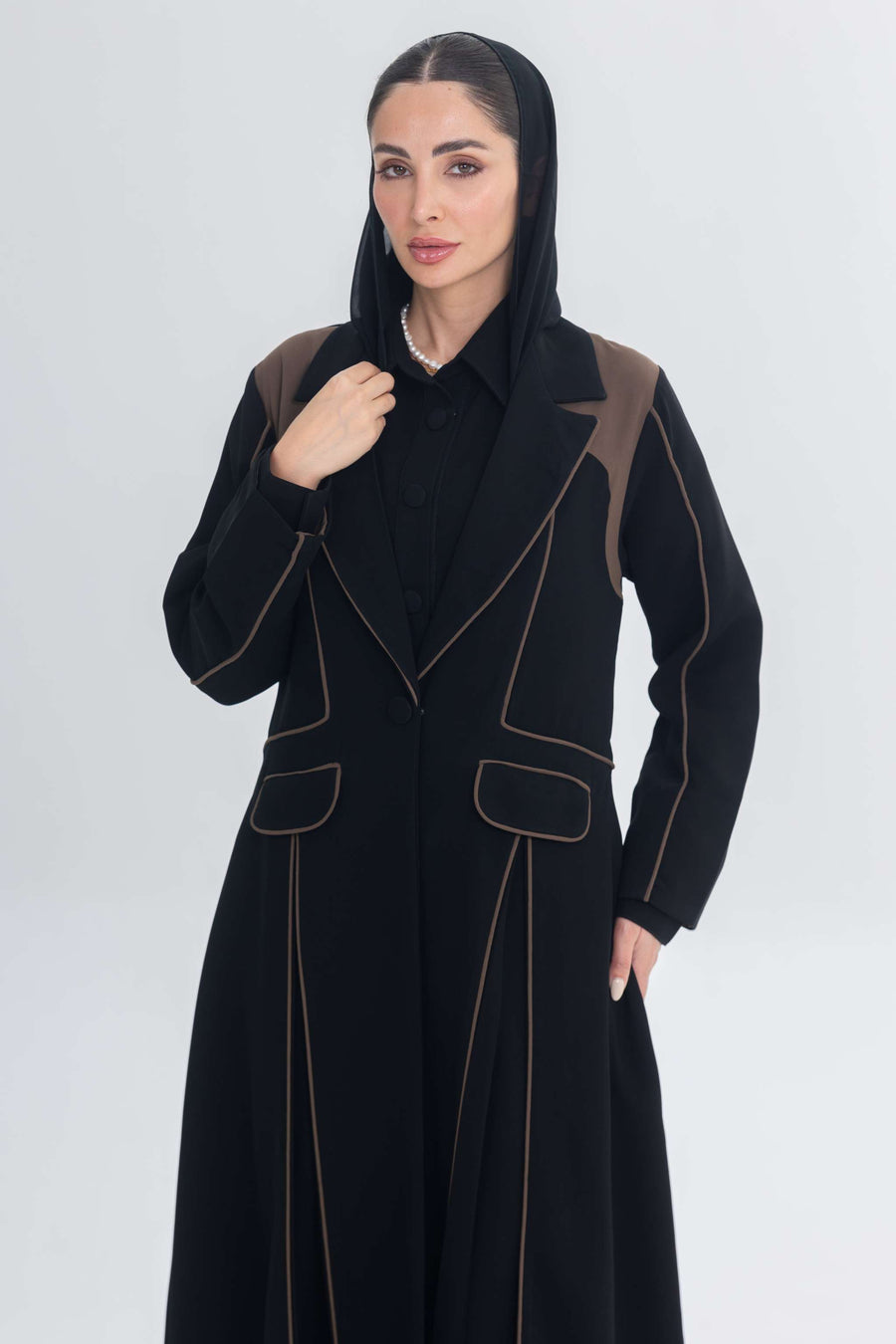 Black abaya with rich brown Cocoa Shadow 3D detailing and sophisticated tailored design