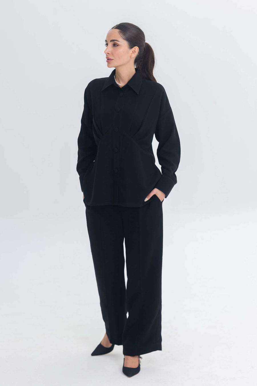 Essense Folds black modern modest inner set with sleek silhouette for layering under abayas