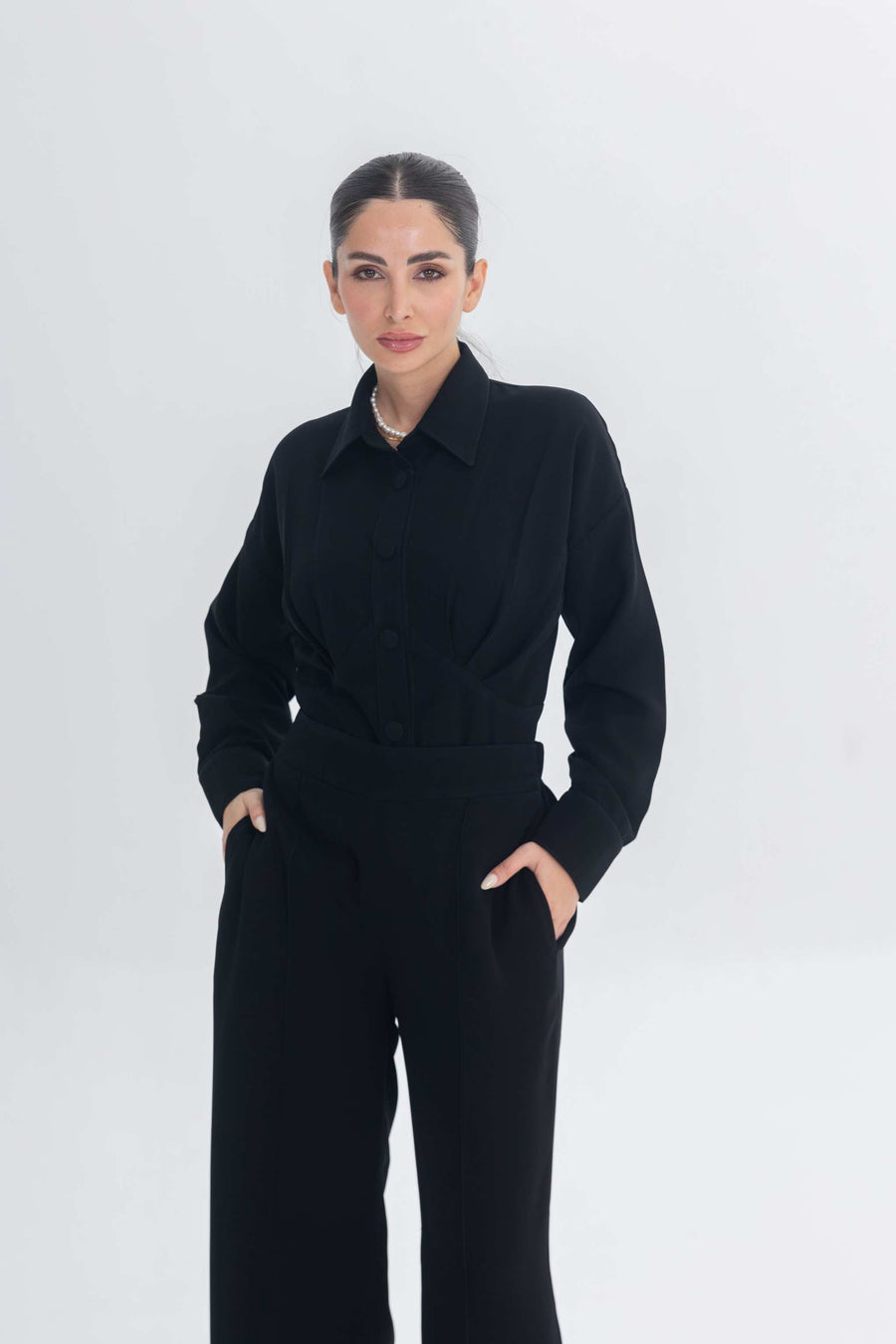 Essense Folds chic black inner set with sleek silhouette for modest layering under abayas