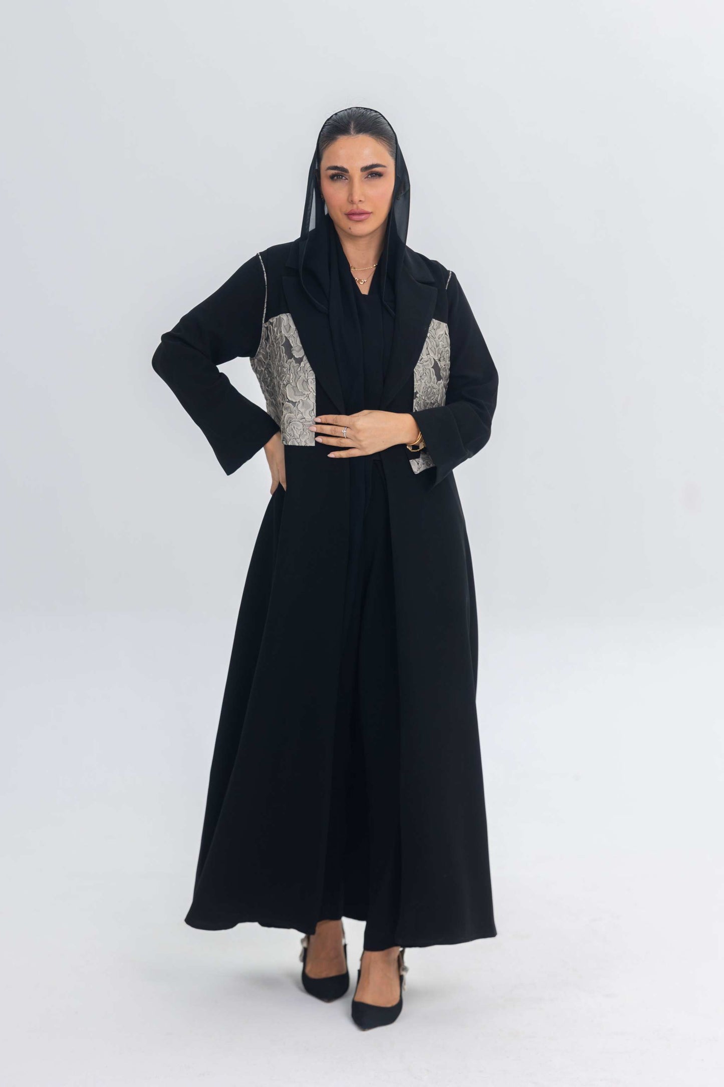 Elegant black crepe abaya with jacquard panel detailing on sleeves and sides