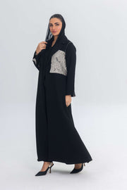 Elegant black crepe abaya with contrasting jacquard panel and flowing design