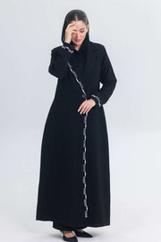 Elegant black crepe blazer abaya with white pearl and bead embroidery detailing on front and cuffs