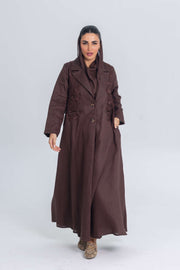 Brown linen abaya with blazer collar and floral lace embroidery patches for summer wear