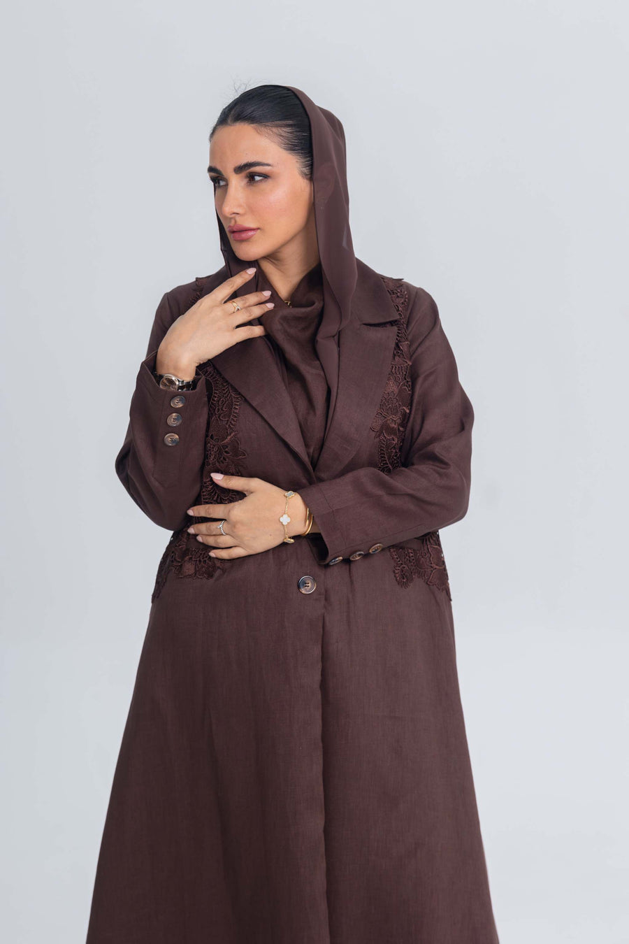 Brown linen abaya with blazer collar and floral lace embroidery patches, lightweight and breathable for summer.