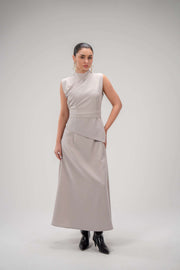 Luxury beige crepe dress with pleated neckline and matching belt for elegant look