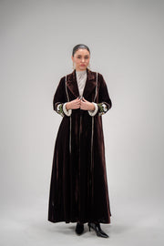 velvet blazer-cut abaya with hand embroidery on sleeves and chiffon lining