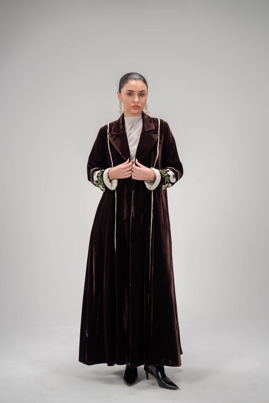 velvet blazer-cut abaya with hand embroidery on sleeves and chiffon lining