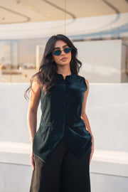 Elegant dark green velvet vest for layering over abayas or dresses