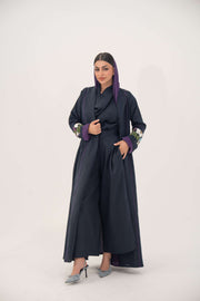 Blackberry navy blue linen-blend abaya with purple cuffs and hand-stitched floral embroidery