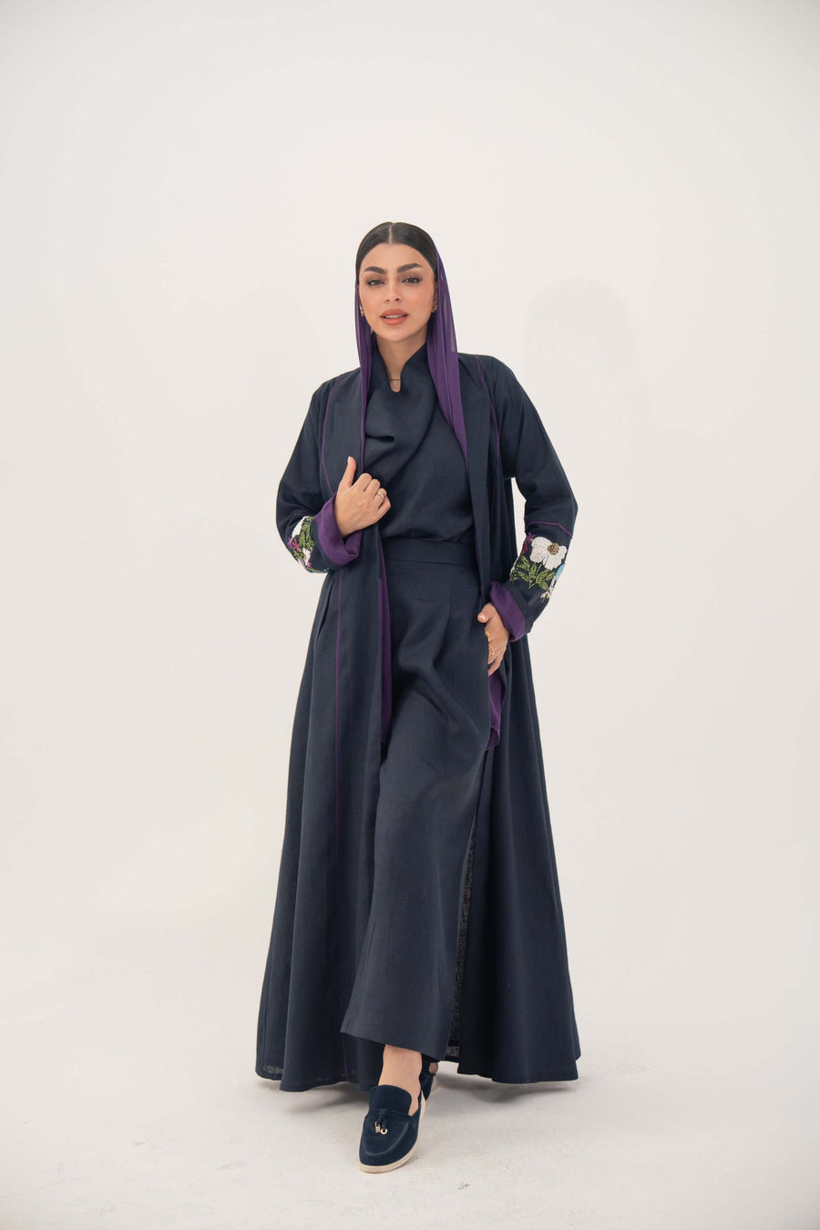 Blackberry navy blue linen-blend abaya with purple cuffs and hand-stitched floral embroidery