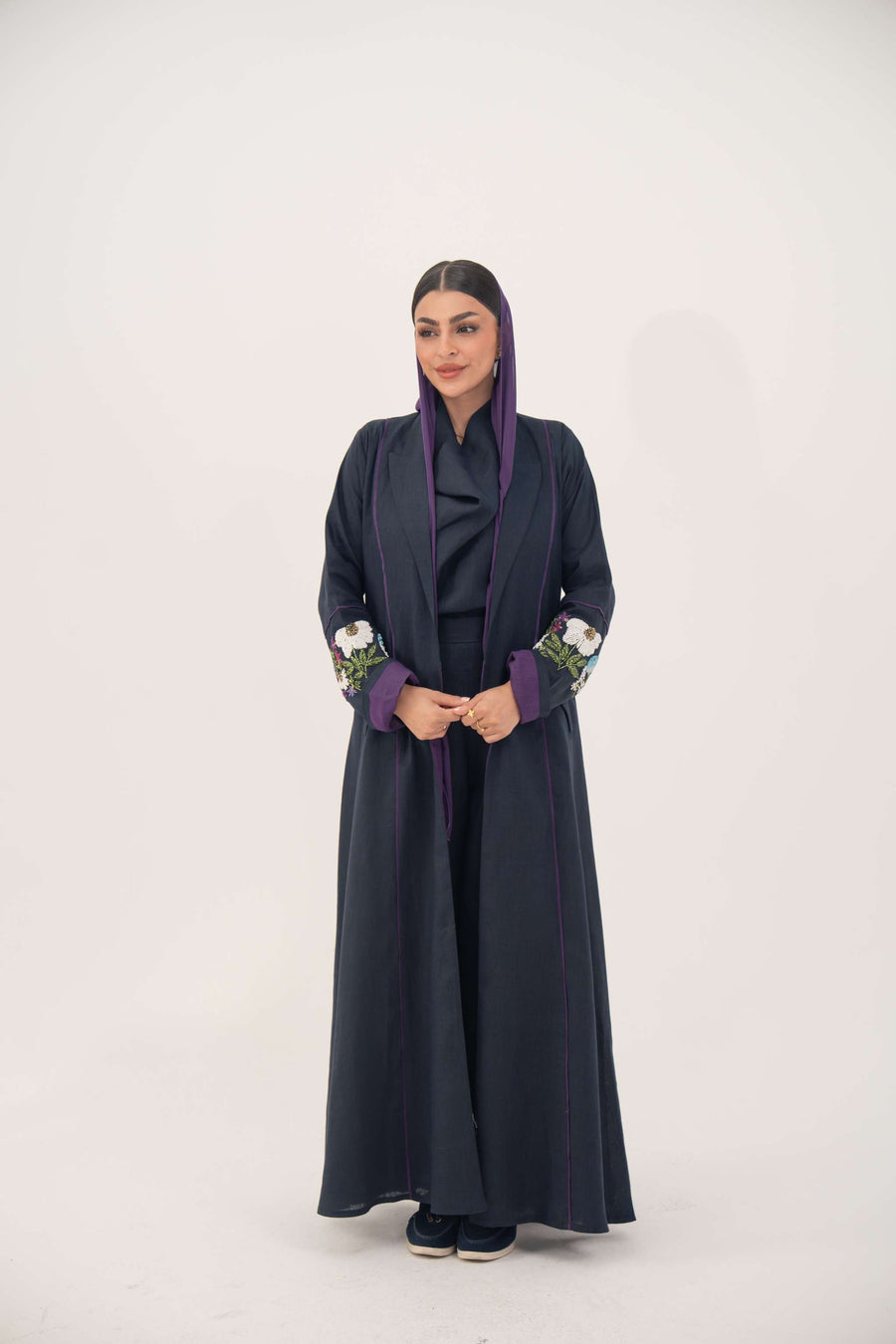 Blackberry navy blue linen-blend abaya with purple cuffs and hand-stitched floral embroidery