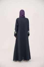 Blackberry navy blue linen-blend abaya with purple cuffs and hand-stitched floral embroidery
