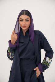 Blackberry navy blue linen-blend abaya with purple cuffs and hand-stitched floral embroidery