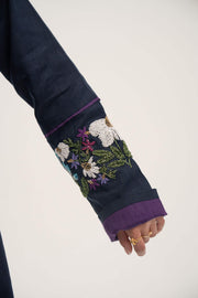 Blackberry navy blue linen-blend abaya with purple cuffs and hand-stitched floral embroidery