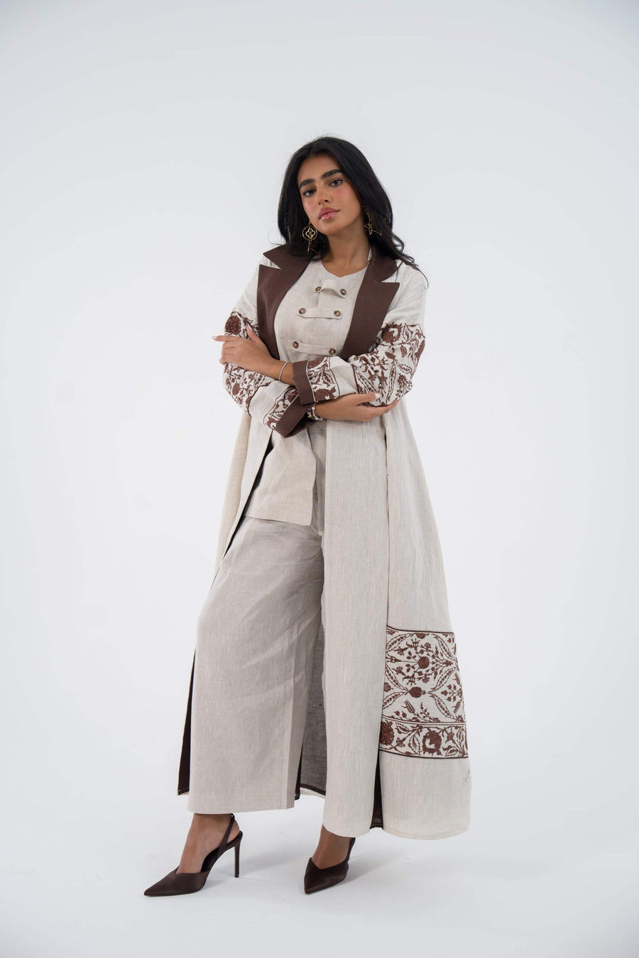 Chiffon Elegance Linen Abaya 845 beige linen abaya with brown floral embroidery and chiffon lining