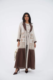 Beige and brown chiffon harmony linen abaya with floral embroidery and blazer-style design 844