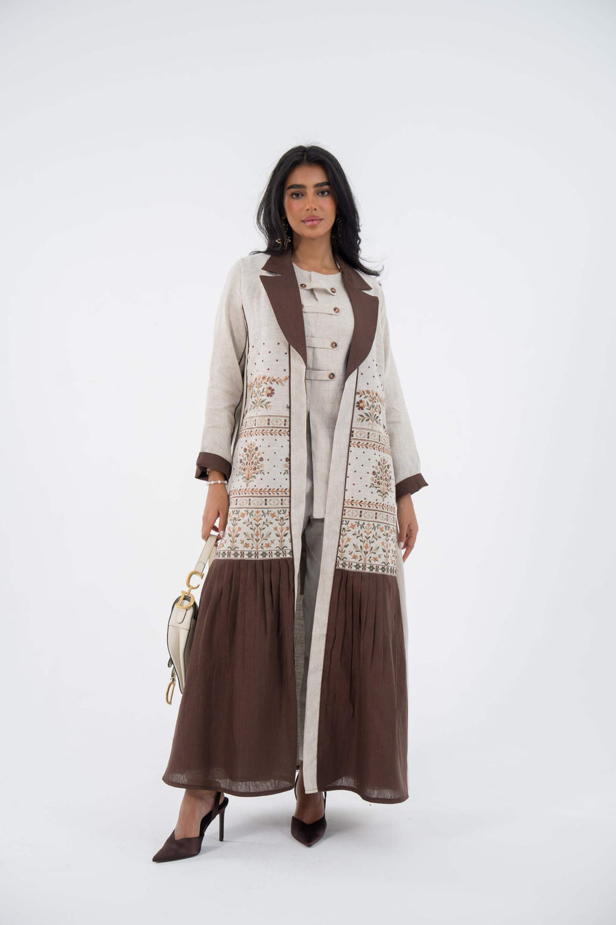 Beige and brown chiffon harmony linen abaya with floral embroidery and blazer-style design 844