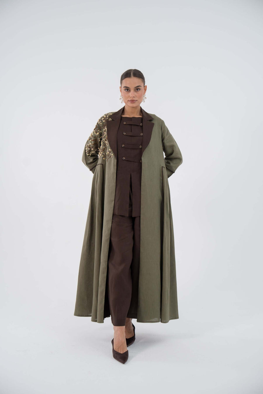 olive green emerald bloom linen abaya with gold and brown embroidery and flowing blazer-style cut 843