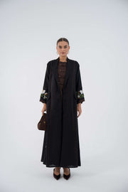 Black Embroidered Oasis Blazer Abaya with floral sleeve embroidery and flowing silhouette in lightweight linen