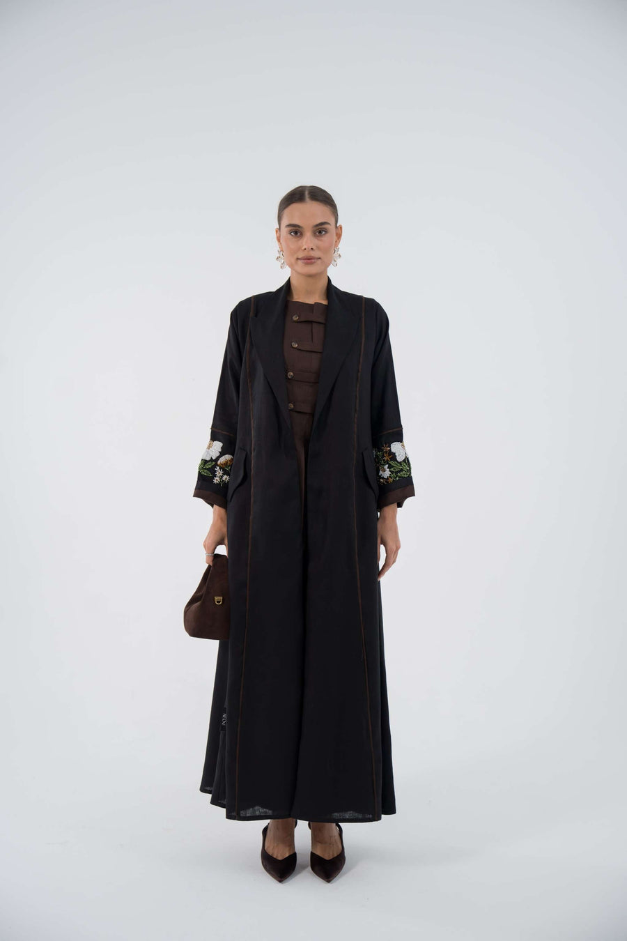 Black Embroidered Oasis Blazer Abaya with floral sleeve embroidery and flowing silhouette in lightweight linen