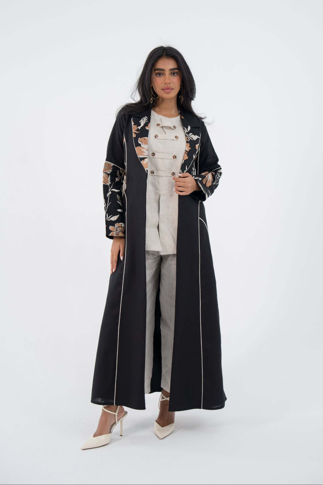 black floral edge linen abaya with orange and white embroidery 849