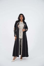 black floral edge linen abaya with orange and white embroidery 849