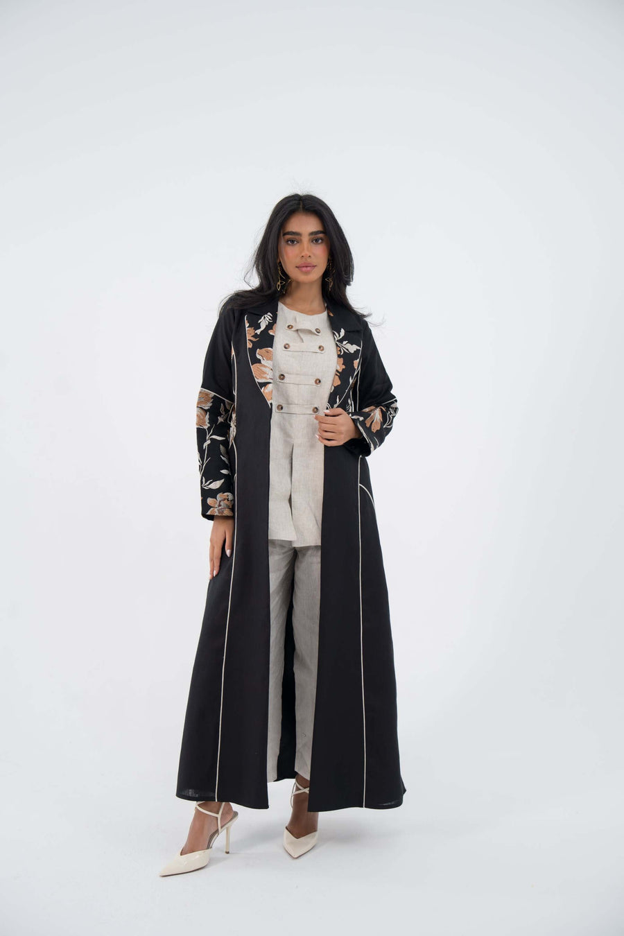 black floral edge linen abaya with orange and white embroidery 849