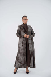 Elegant Jacquard Wave Abaya with brown and grey tie-dye effect, flowing open-front design, and intricate woven texture 848