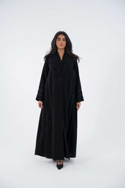 Elegant black Coal Blazer Crepe Abaya with intricate embroidery and flowing blazer cut, model wearing 854