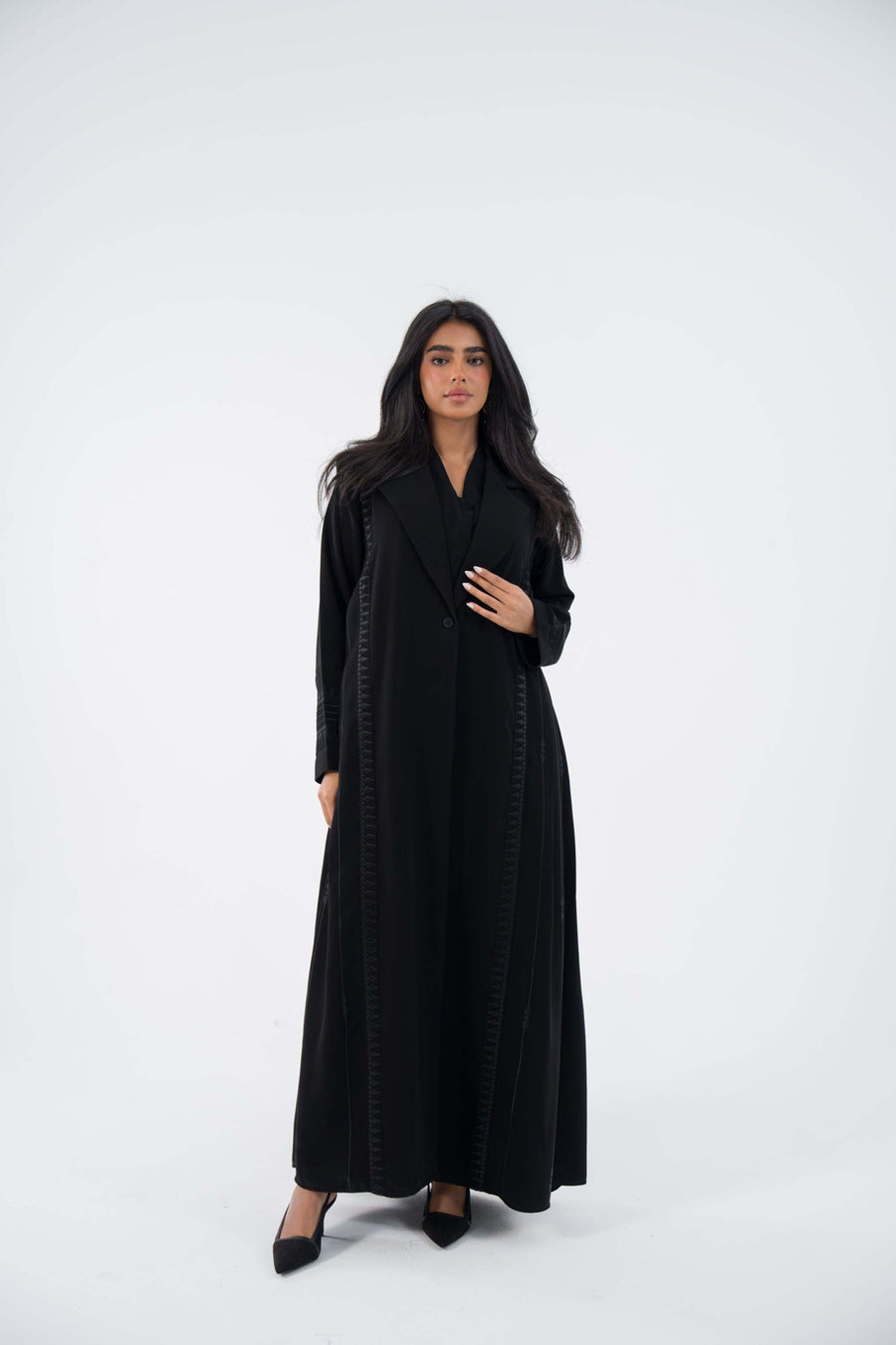 Black Coal Blazer Crepe Abaya with embroidery and relaxed fit 854