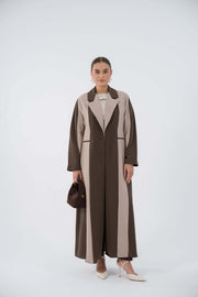 852 Shade Blazer Linen Abaya with brown and beige panels and long sleeves