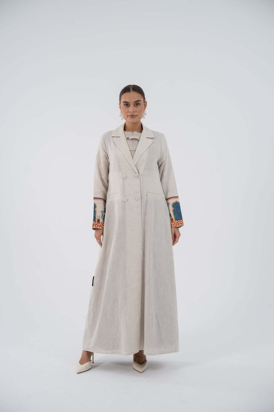 Artisan blazer linen abaya with blue and orange floral embroidery on beige fabric, double-breasted front and long sleeves, style 853