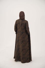 Back view of a lightweight espresso brown jacquard silk abaya with subtle textured weave and full-length sleeves.