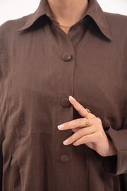 Deep cocoa brown linen abaya with shirt collar and tonal button-down front
