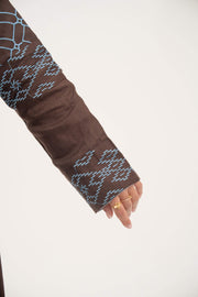 Mocha brown linen-blend abaya sleeve with blue embroidery and light-blue inner cuff detail