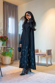 Elegant black crepe abaya with delicate leaf embroidery on cuffs and hem, featuring a lightweight fabric for comfortable all-day wear - Night Leaf