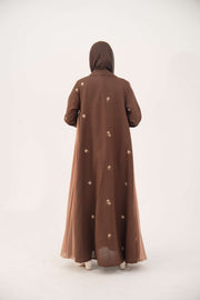 Brown linen blazer abaya with delicate embroidery and pleated chiffon panels for elegant daytime wear
