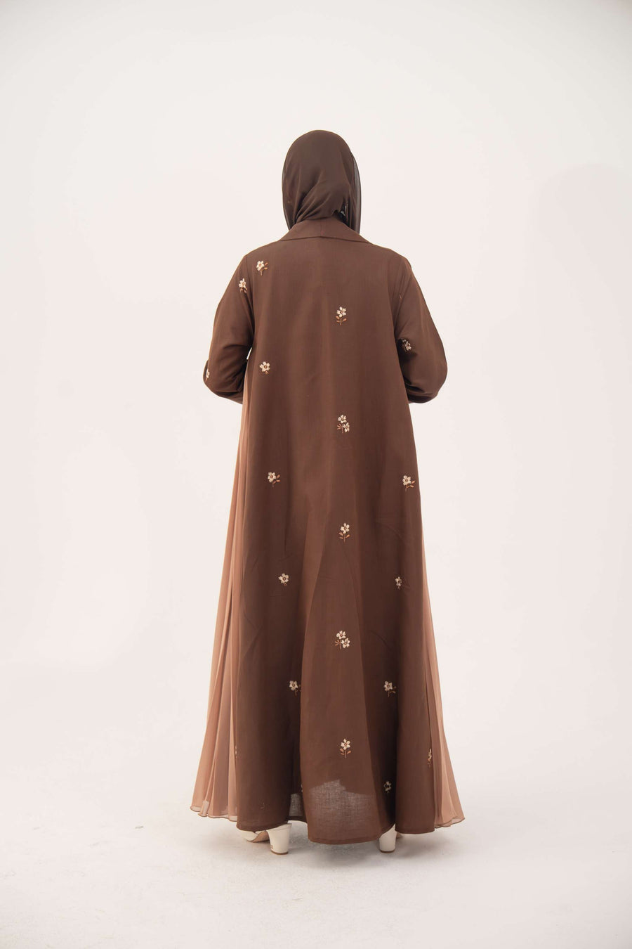 Brown linen blazer abaya with delicate embroidery and pleated chiffon panels for elegant daytime wear