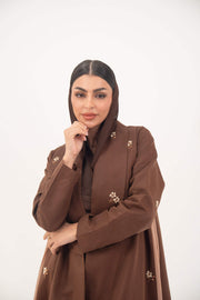 Cortodo brown linen blazer abaya with delicate embroidery and pleated chiffon panels for elegant daytime wear