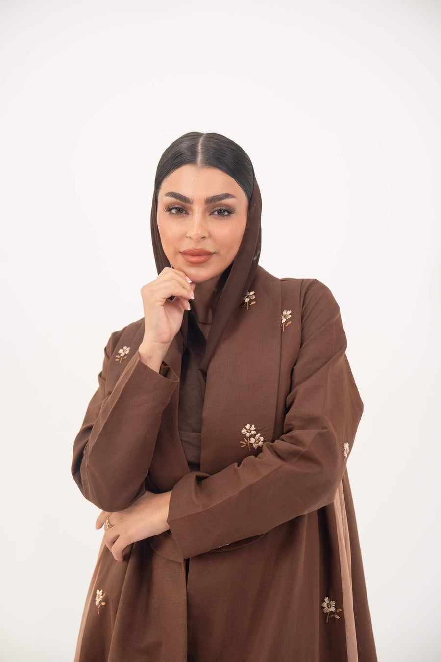 Cortodo brown linen blazer abaya with delicate embroidery and pleated chiffon panels for elegant daytime wear