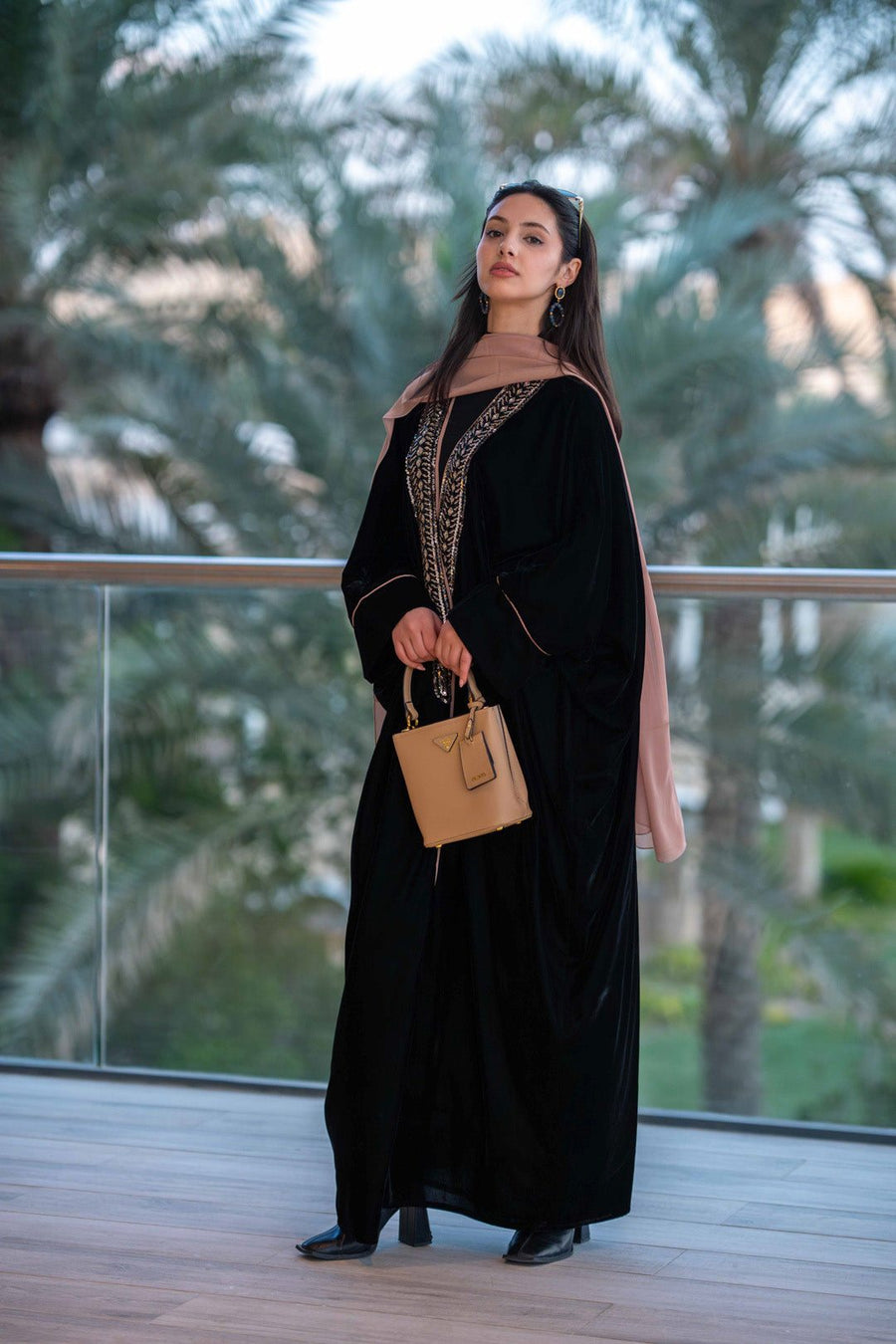 Ayla elegant black velvet abaya with intricate embellishments and flowing silhouette for formal or sophisticated everyday wear
