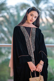 Ayla elegant black velvet abaya with intricate embellishments and flowing silhouette for formal or sophisticated everyday wear