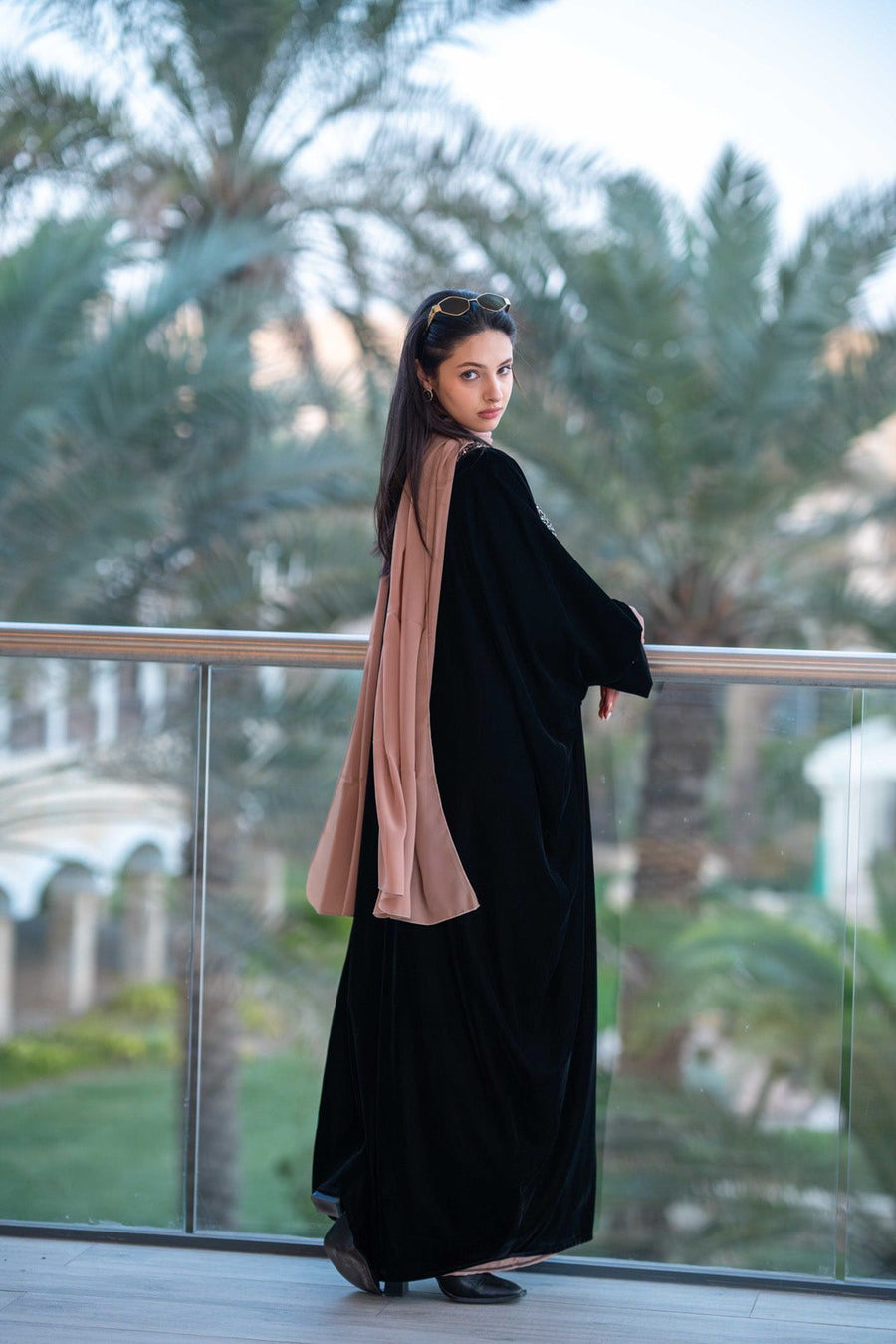 Ayla elegant black velvet abaya with intricate embellishments and flowing silhouette for formal or sophisticated everyday wear